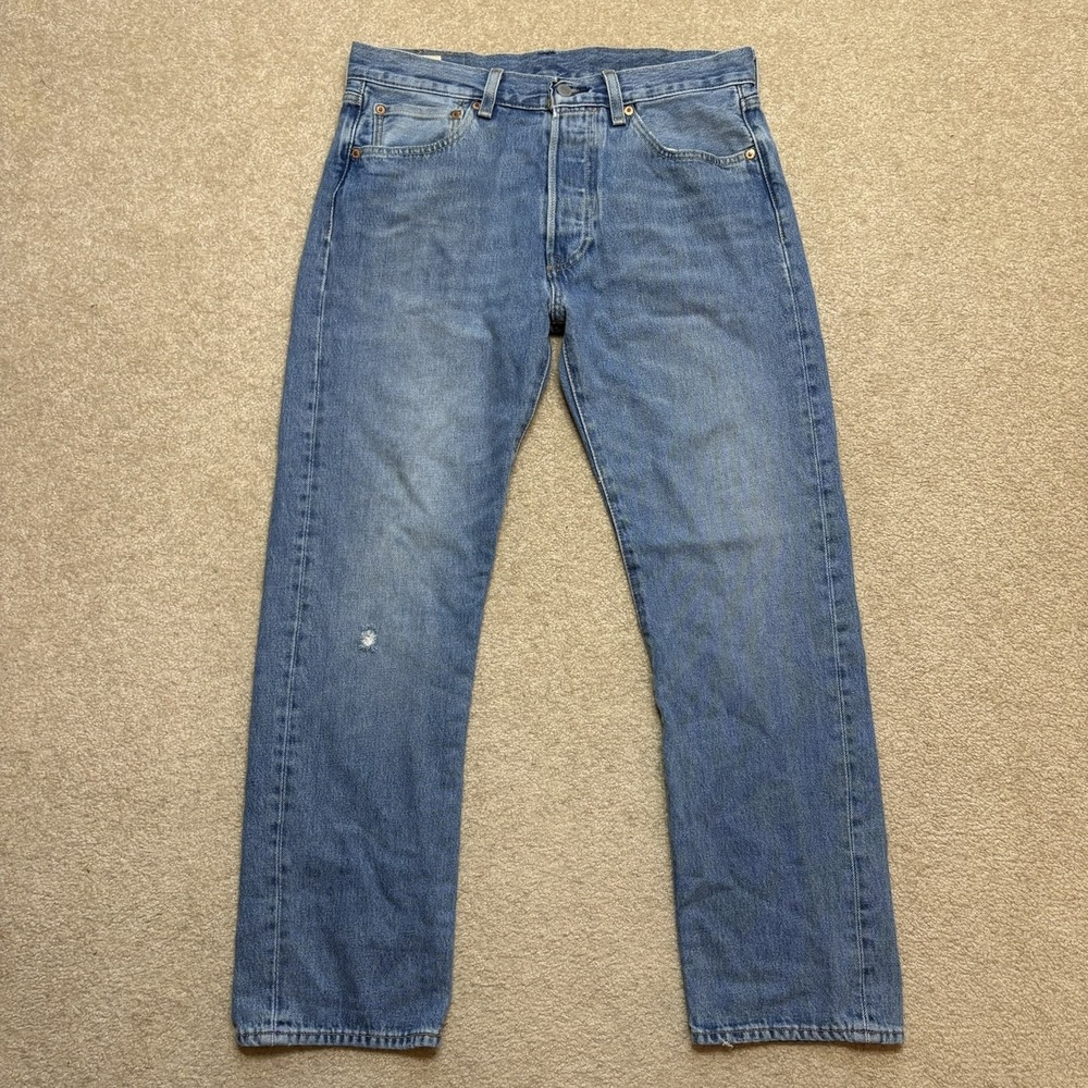 Levis 501 Jeans Mens 32x30 Blue Premium Button Fly Straight Denim Distressed